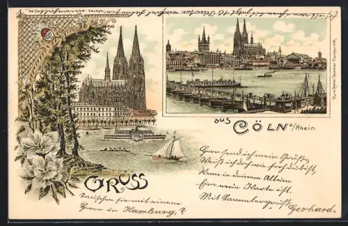Lithographie Cöln a. Rhein, Dom, Rheinpanorama