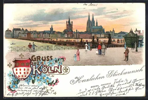 Lithographie Köln, Uferpartie mit Dom und Brücke, Glückwunsch