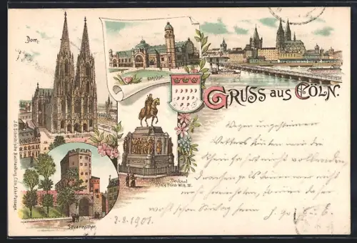 Lithographie Köln, Dom, Severinsthor, Bahnhof, Gesamtansicht