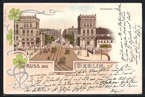 Lithographie Berlin-Kreuzberg, Hallesches Thor mit Strassenbahn