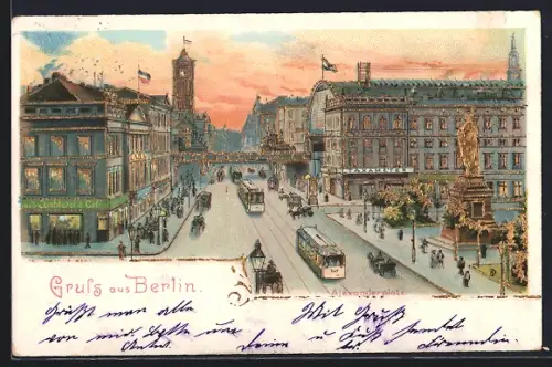 Lithographie Berlin, Alexanderplatz mit Strassenbahn & Café