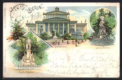 Lithographie Berlin, Gendarmenmarkt, Lessing Denkmal, kgl. Schauspielhaus, Goethe Denkmal