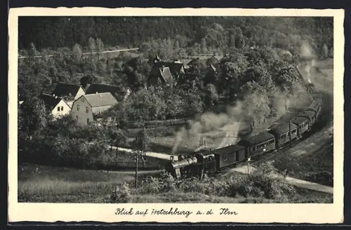 AK Hetschburg a. d. Ilm, Blick auf den Ort mit Eisenbahn