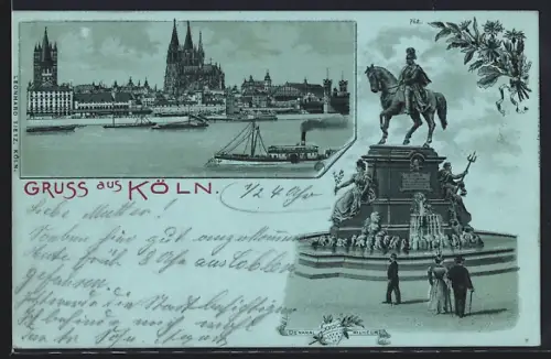 Mondschein-Lithographie Köln, Uferpartie mit Dom, Denkmal Wilhelm I.