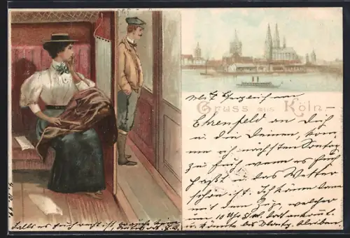 Lithographie Köln, Uferpartie mit Dom, Frau im Bahnabteil