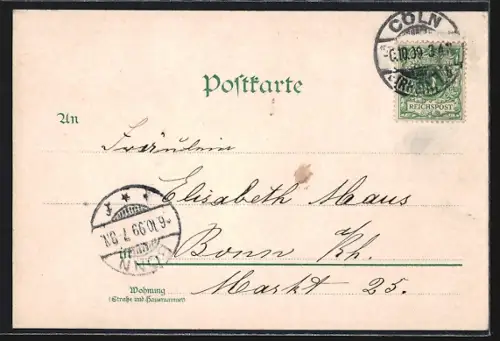 Lithographie Köln, Uferpartie mit Dom, Frau im Bahnabteil