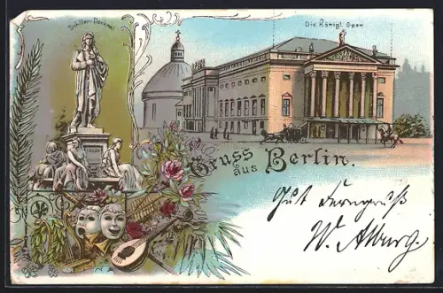 Lithographie Berlin, Schillerdenkmal, Königliche Oper Unter den Linden
