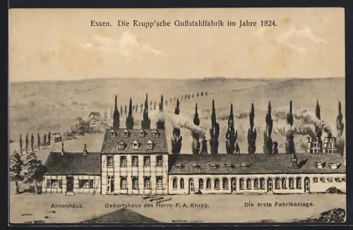 Künstler-AK Essen, Krupp`sche Gussstahlfabrik 1824, Ahnenhaus, Geburtshaus des Herrn F. A. Krupp, Erste Fabrikanlage