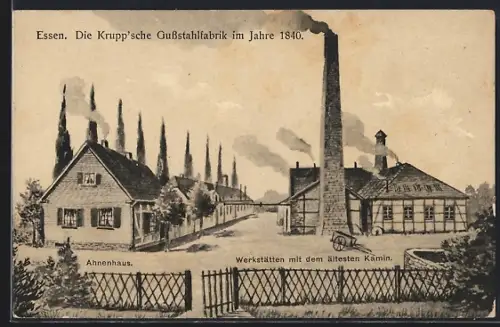 Künstler-AK Essen, Krupp`sche Gussstahlfabrik 1840, Ahnenhaus, Werkstätten mit dem ältesten Kamin