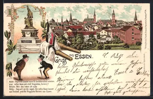 Lithographie Essen / Ruhr, Teilansicht, Krieger-Denkmal