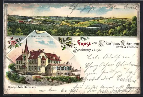 Lithographie Bredeney a. d. Ruhr, Hotel & Pension Ruhrstein, Panorama