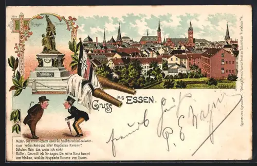 Lithographie Essen / Ruhr, Teilansicht, Krieger-Denkmal