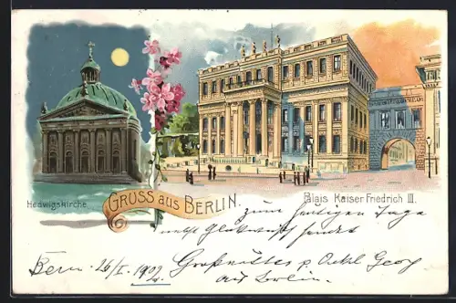 Lithographie Berlin, Palais Kaiser Friedrich III., Hedwigskirche