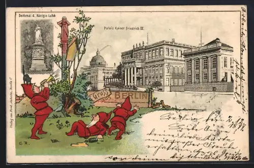 Lithographie Berlin-Tiergarten, Denkmal der Königin Luise, Palais Kaiser Friedrich III., Zwerge auf der Wiese