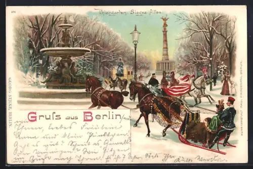 Winter-Lithographie Berlin-Tiergarten, Schlittenfahrt auf der Sieges-Allee