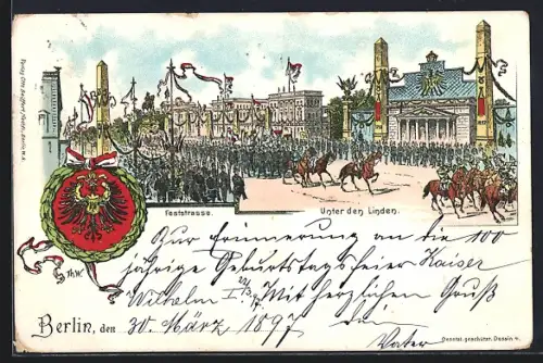 Lithographie Berlin, Parade Unter den Linden, Feststrasse, Wappen