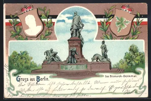 Lithographie Berlin-Tiergarten, das Bismarck-Denkmal