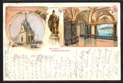 Lithographie Berlin-Tiergarten, Schleusenhaus, Denkmal von Albrecht der Bär