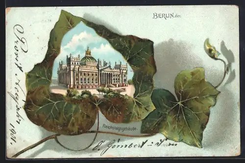 Passepartout-Lithographie Berlin-Tiergarten, Reichstagsgebäude mit Weinblättern