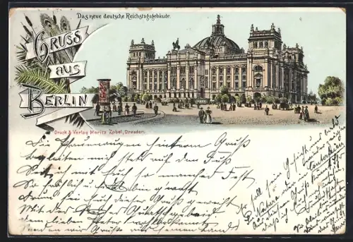 Lithographie Berlin-Tiergarten, Leute am deutschen Reichstagsgebäude um 1900