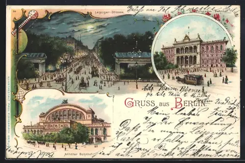 Lithographie Berlin, Anhalter Bahnhof, Potsdamer Bahnhof und Leipziger Strasse, Pferdebahn