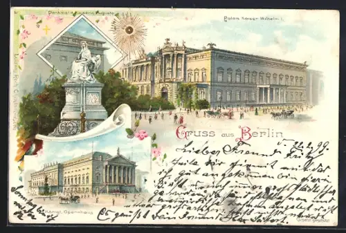 Lithographie Berlin, Königliches Opernhaus, Denkmal Kaiserin Augusta, Palais Kaiser Wilhelm