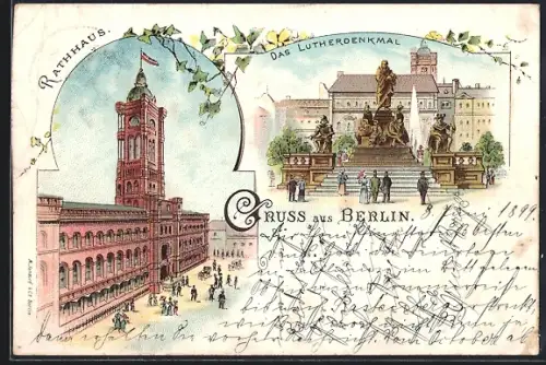 Lithographie Berlin, Neuer Markt, Rathaus, Lutherdenkmal