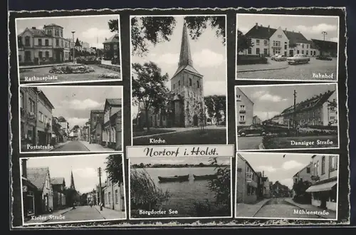 AK Nortorf i. Holst., Kirche, Rathausplatz, Bahnhof, Borgdorfer See