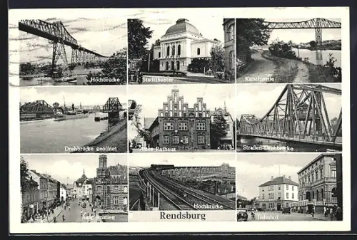 AK Rendsburg, Hochbrücke, Stadttheater, Rathaus, Bahnhof