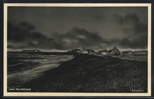 AK Nordstrand, Sturmflut, Küstenlandschaft, Reetdachhäuser