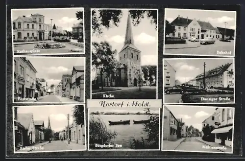 AK Nortorf i. Holst., Bahnhof, Kirche, Rathausplatz, Borgdorfer See