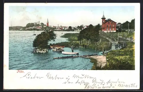 AK Plön, Seeblick mit Booten und Stadtansicht