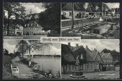 AK Plön am See, Schloss, Bahnhof, Seepromenade, Gänselieselbrunnen