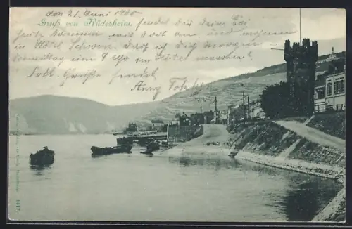 AK Rüdesheim / Rhein, Uferpromenade, Burgturm, Weinberge