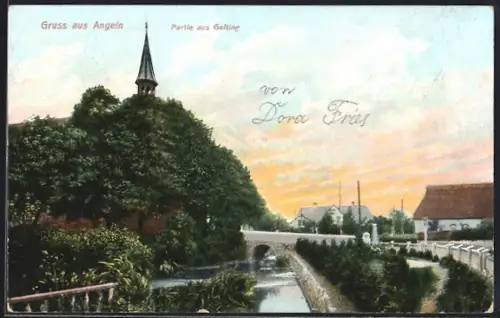 AK Gelting /Angeln, Partie aus Gelting, Kirche, Brücke, Fluss