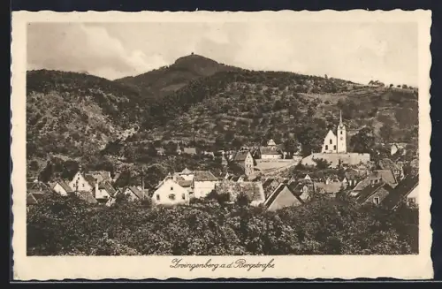 AK Zwingenberg a. d. Bergstrasse, Ortsansicht mit Kirche und umliegenden Bergen