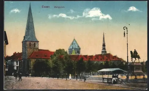 AK Essen, Burgplatz, Kirche, Reiterdenkmal