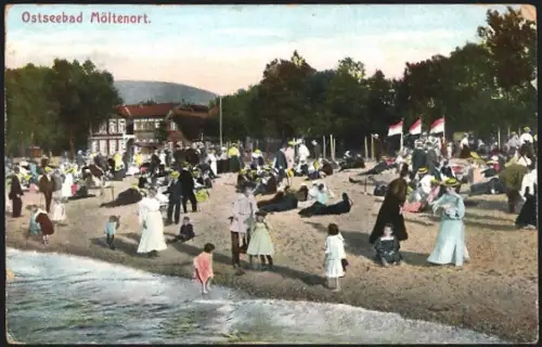 AK Möltenort, Strand mit Badegästen und Strandpromenade