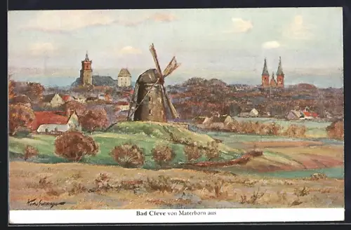 Künstler-AK Bad Cleve, Ansicht von Materborn aus, Windmühle