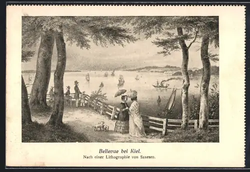 Künstler-AK Kiel, Spaziergänger am Bellevue
