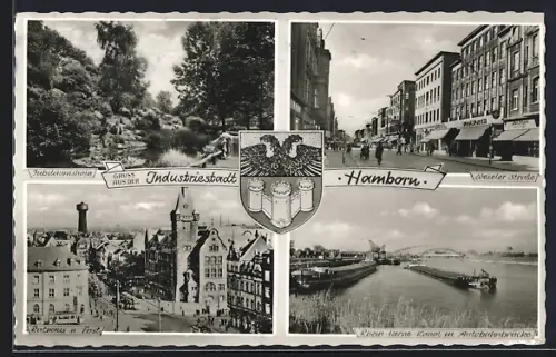 AK Hamborn / Duisburg, Jubiläumshain, Rathaus, Post, Weseler Strasse, Rhein-Herne-Kanal mit Autobahnbrücke