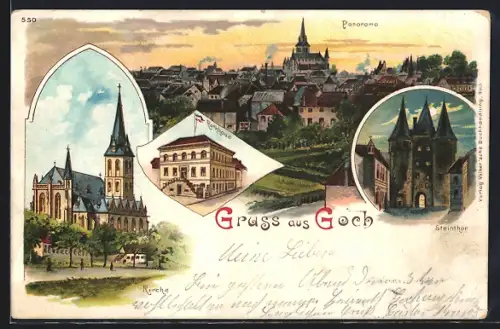 Lithographie Goch, Steinthor, Rathaus, Kirche