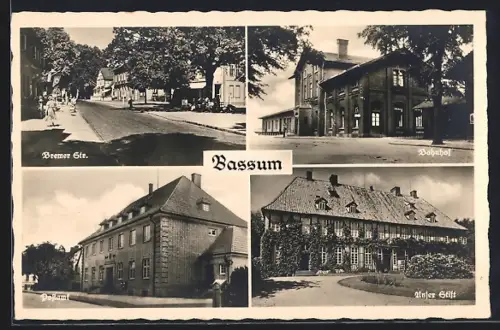 AK Bassum, Bahnhof, Bremer Strasse, Postamt, 
