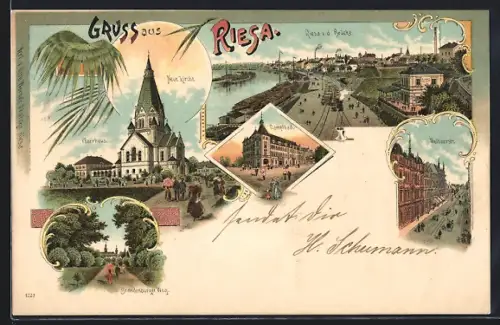 Lithographie Riesa, Neue Kirche, Brandenburger Weg, Dampfbad und Wettinerstrasse