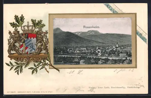 Passepartout-Lithographie Rosenheim, Ortsansicht gegen die Alpen, Wappen