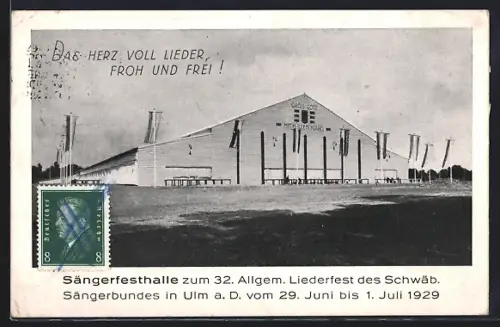 AK Ulm / Donau, 32. Allgem. Liederfest des Schwäb. Sängerbundes 1929, Sängerfesthalle mit Banner