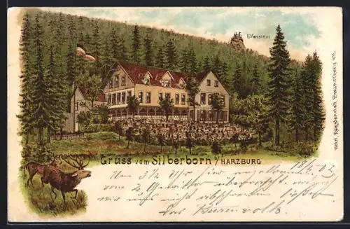 Lithographie Harzburg, Restaurant Silberborn mit Elfenstein