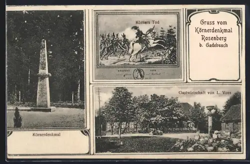 AK Gadebusch, Gasthof von L. Voss, Körnerdenkmal auf dem Rosenberg