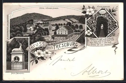 Lithographie Treseburg, Hotel Weisser Hirsch, Pfeildenkmal und Wilhelmsblick