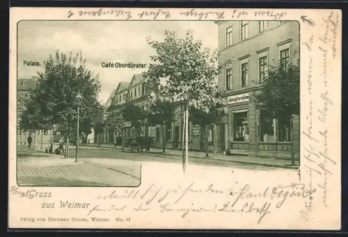 AK Weimar / Thür., Strassenpartie mit Cafe Oberförster